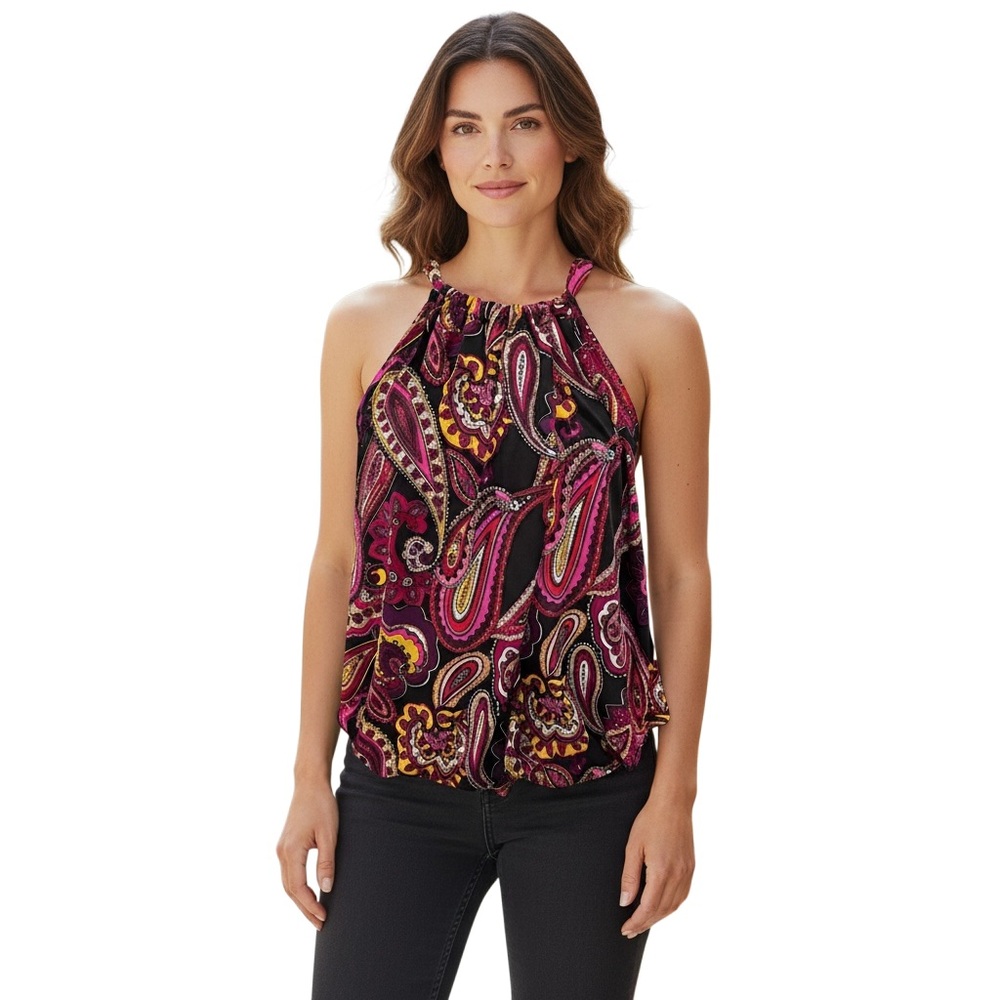 Trina Turk Paisley Halter Tank in Pink, Black & Yellow